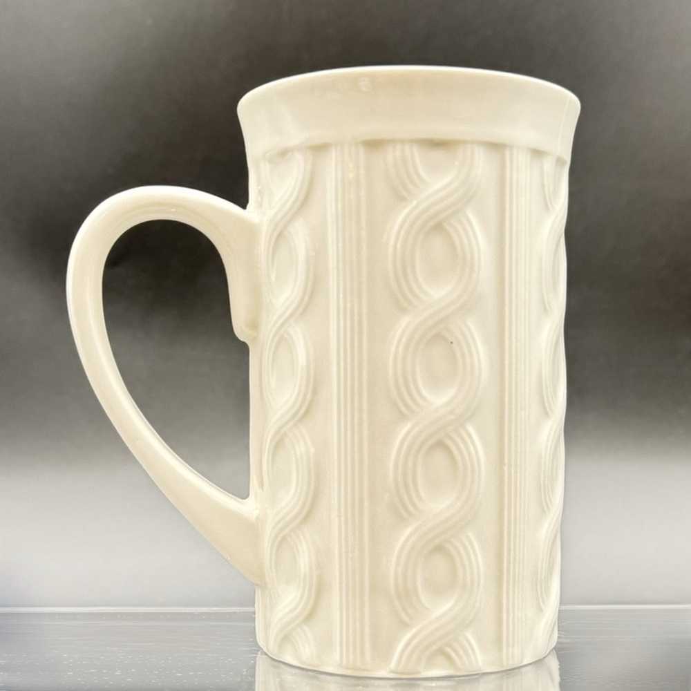 Bay Island Embossed Ceramic Mug – Cable Knit Texture – White/Cream 12 oz